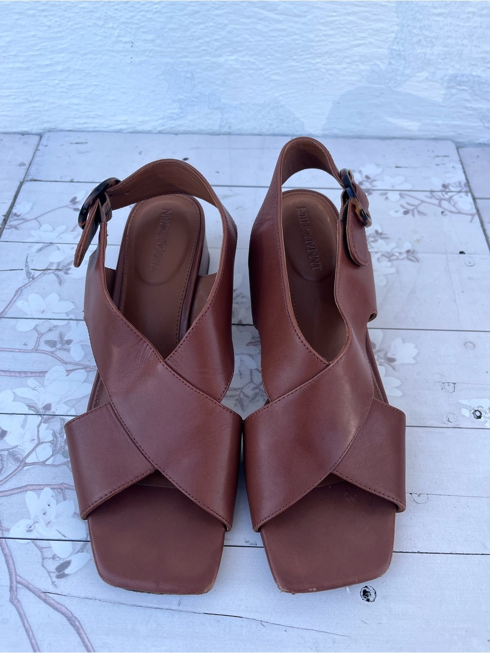 J. McLaughlin Brown Leather Cross‑Front Slingback Sandals